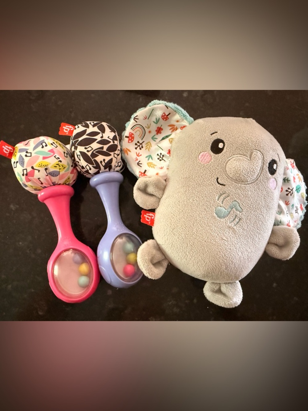 Fisher-Price Gray Elephant Vibrating Plush with Pink & Lavender Rattle Buddies